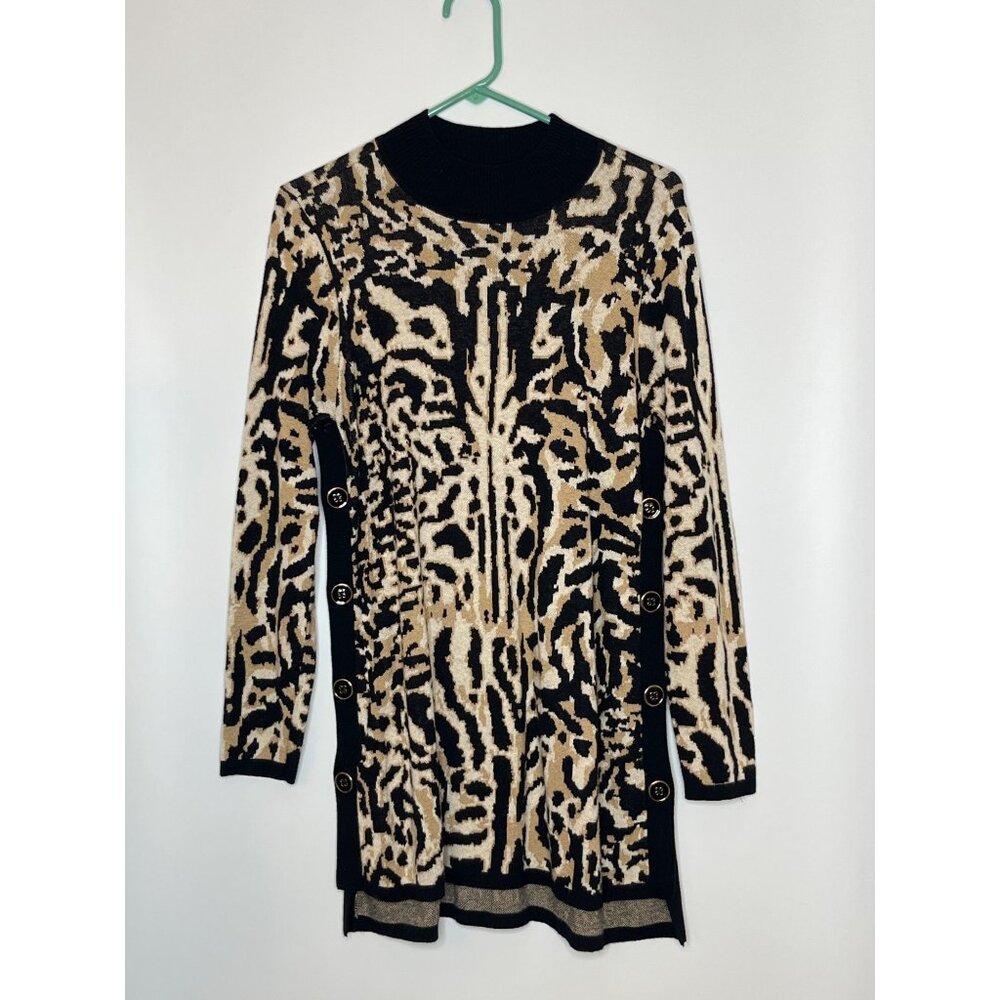 Chico's Leopard Print Mock Neck Sweater Tunic Side Button Detail Size 1/ Medium
